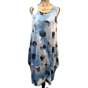 NWT Chalet et Ceci Blouson Dress Blue Abstract Dot Lagenlook Artsy Boho Resort M